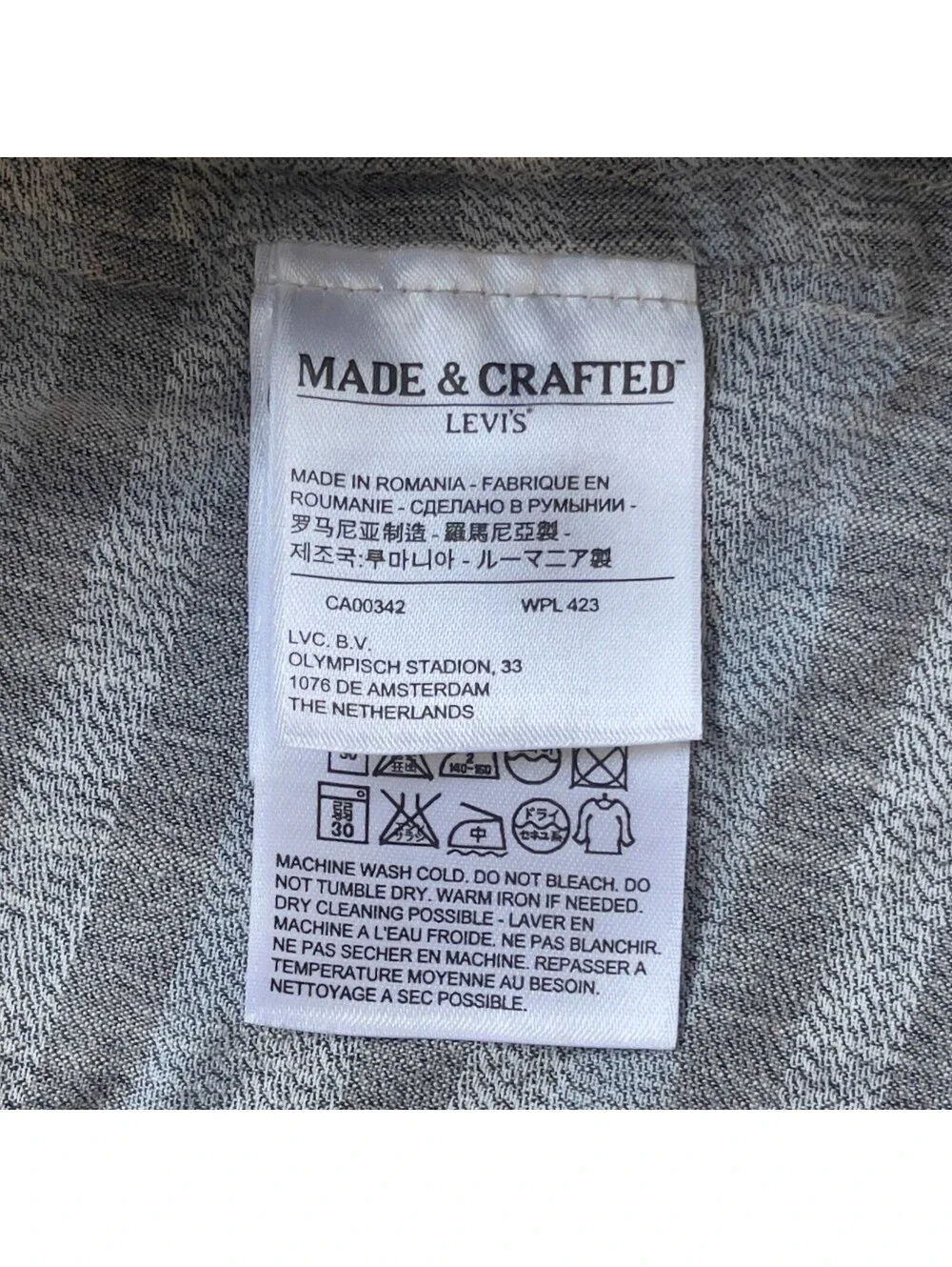 Levi's Made & Crafted Mens Size 3 L Gray Plaid Herringbone Long Sleeve Shirt